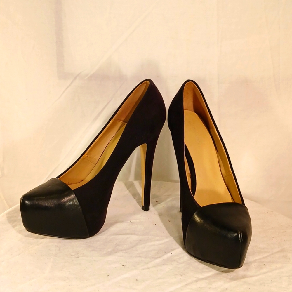 Zara Black Leather And Suede Platform Heels